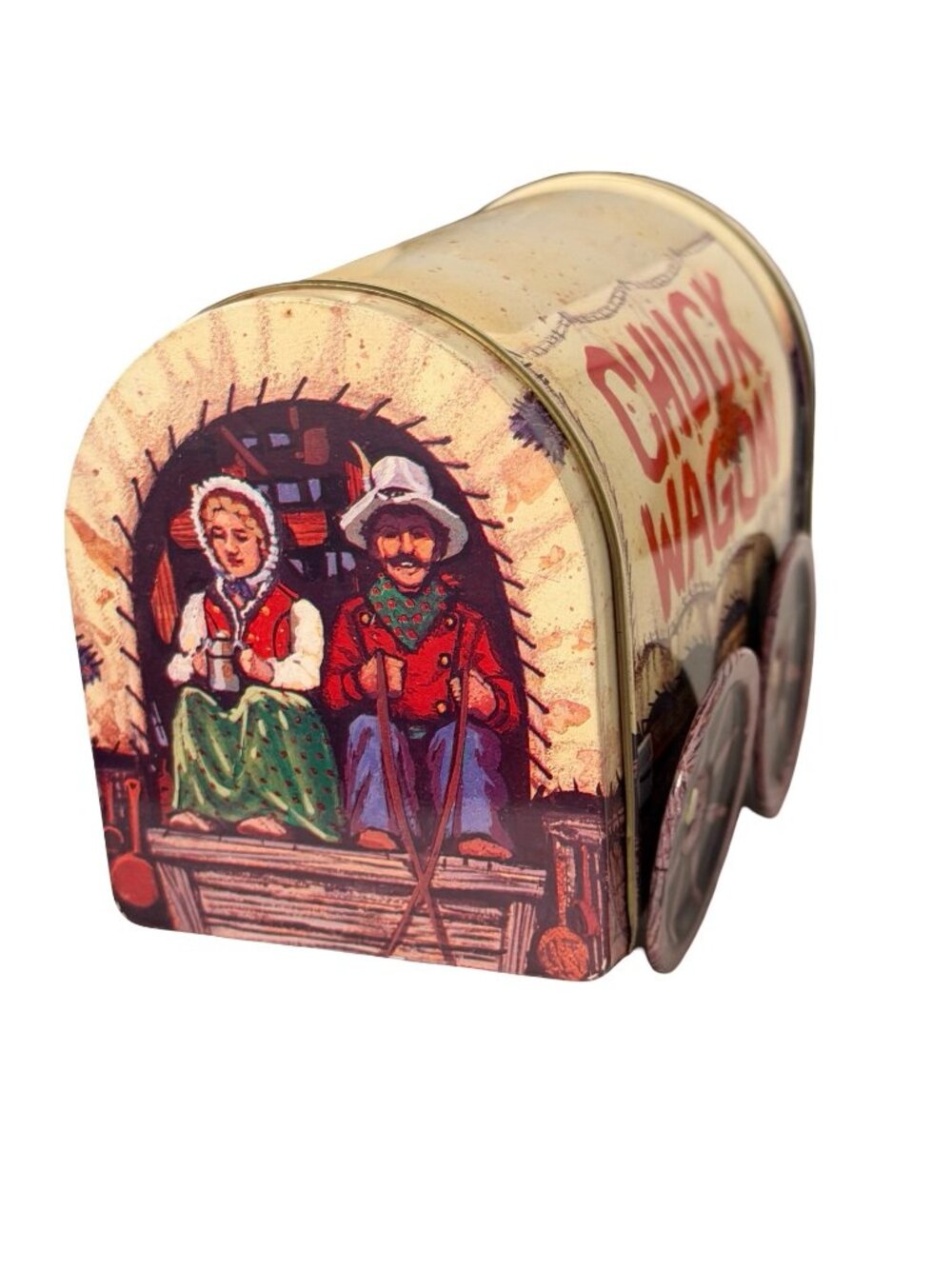 Vintage Giftco Chuck Wagon Tin With Moveable Wheels Western Covered Wagon Candy